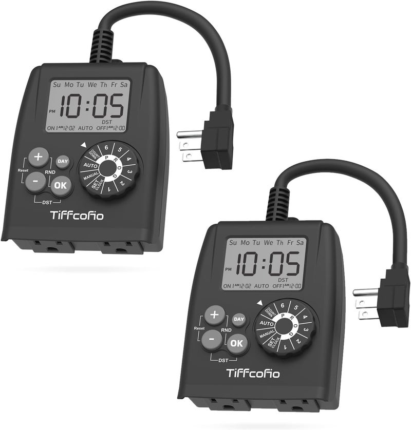Tiffcofio New Digital Outdoor Timer Outlet, Dial Programmable Method, Outdoor Light Timer Waterproof, 2 Grounded Electrical Outlets for Christmas Lights, 6 Sets of Programs, 15A/1875W (2 Packs) - Image 1